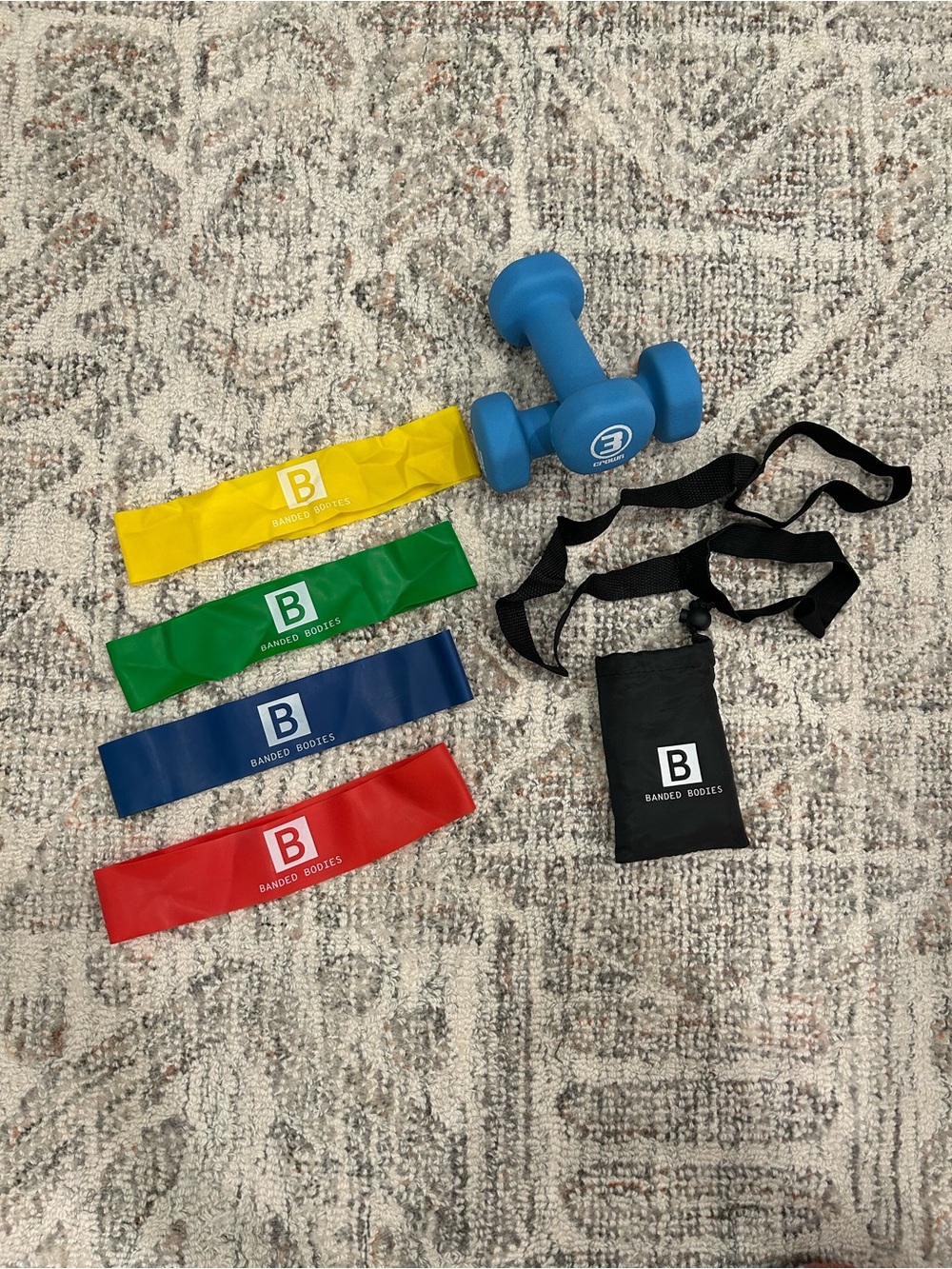 BANDED BODIES Resistance Band Set with Carry Pouch & 3lb hand weights